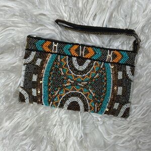 Hand-Beaded Turquoise & Orange Wristlet Clutch